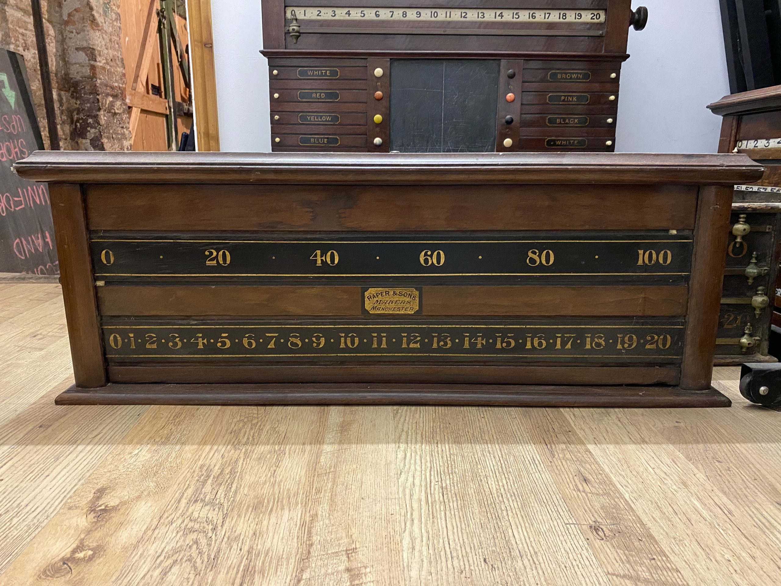 Antique Victorian Raper & Sons mahogany scoreboard John Billiards