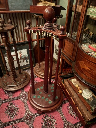 Antique Victorian Burroughes & Watts mahogany revolving cue stand