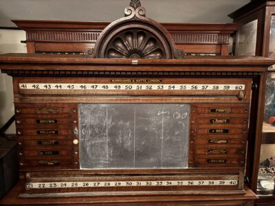 Antique Edwardian Burroughes & Watts oak life pool combination scoreboard