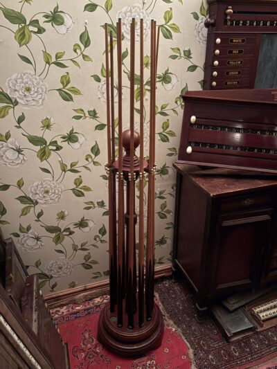 Antique Victorian Burroughes & Watts mahogany revolving cue stand